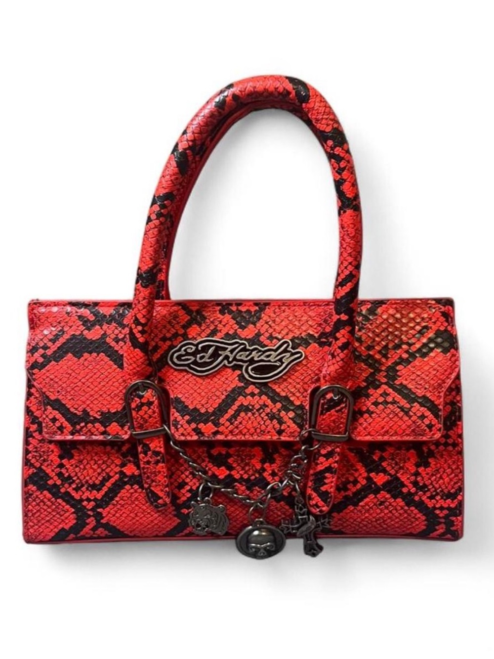 Ed Hardy Red and Black Snake-Print Satchel with Charm Chain